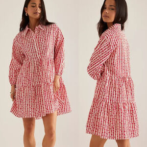 NWT Maeve Anthropologie The Bettina Tiered Mini Shirt Dress Women's Size S Red